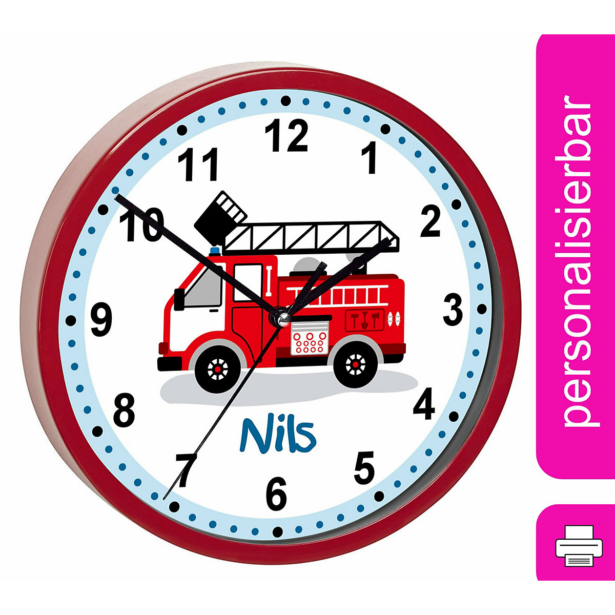 Kinder Wanduhr laufruhig personalisiert mit Name Feuerwehr Drehleiter