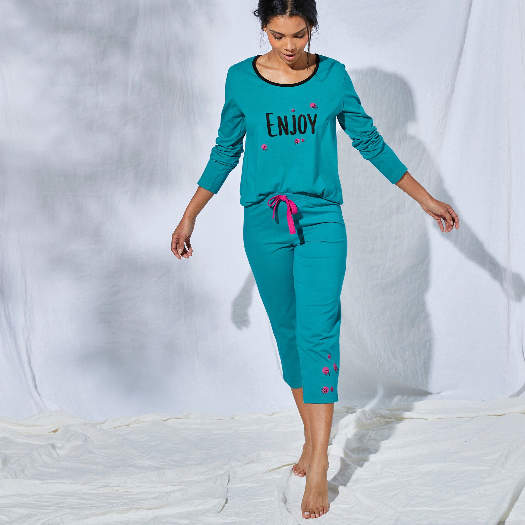 Tee-shirt manches longues coton uni imprimé placé 
