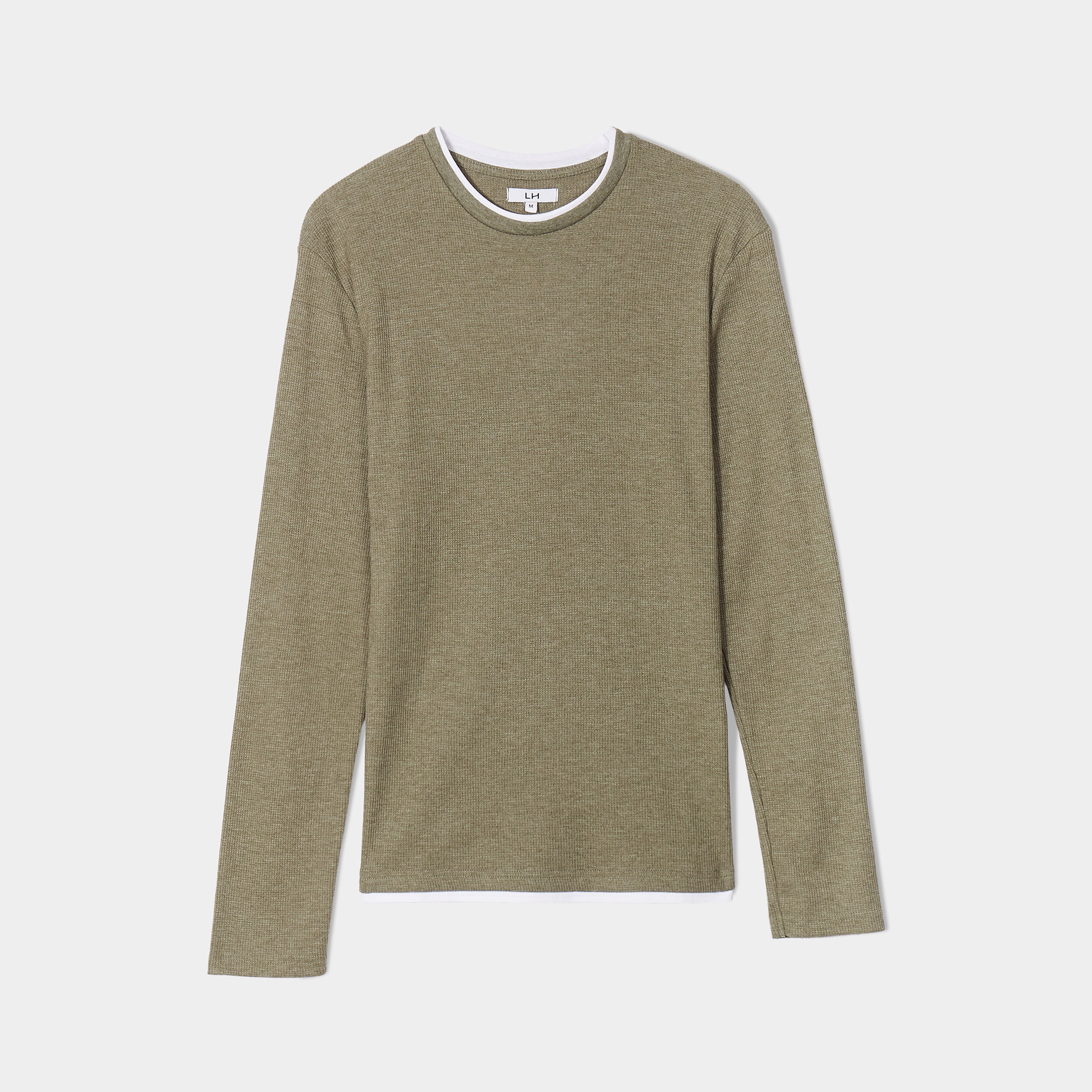 T-shirt col rond manches longues vert kaki homme | La Halle