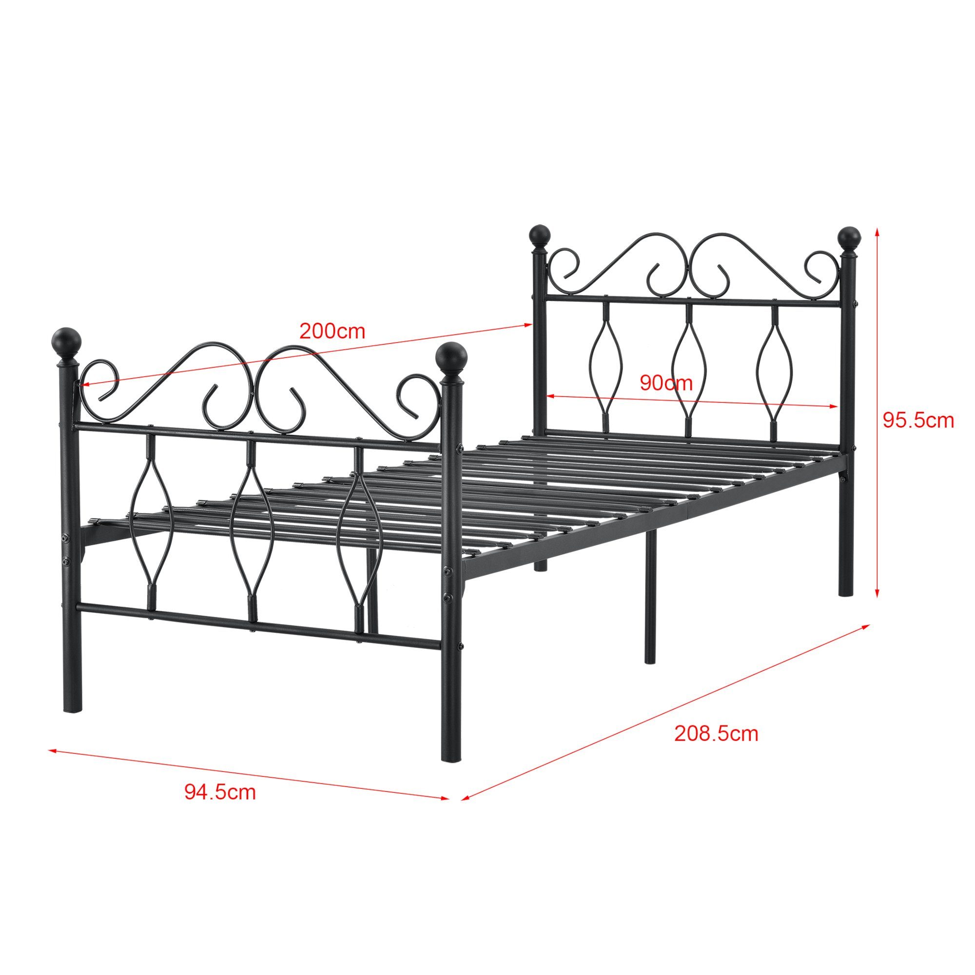 en.casa Metallbett, Apolda Metallbett mit Lattenrost schwarz 90x200 cm