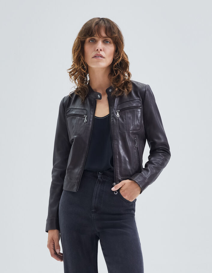 Veste chocolat en cuir à poches zippées Femme