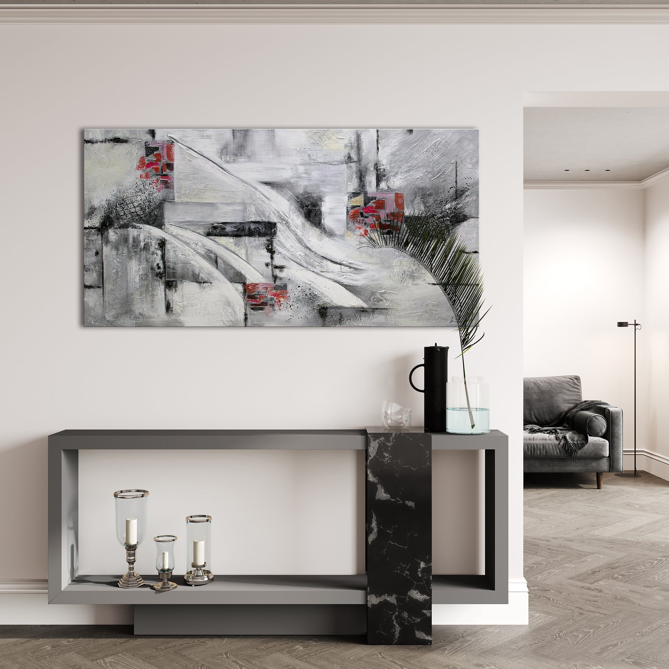 YS-Art Gemälde Abstraktion VII, Abstrakt, Abstraktes auf Leinwand Bild Handgemalt in Rot Schwarz Grau