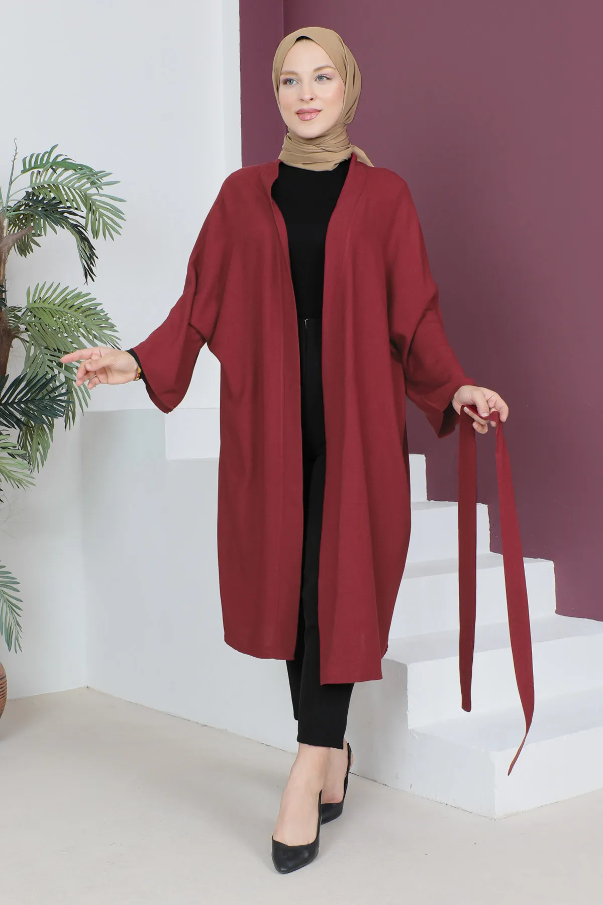 Tesettür Dünyası  Kimono mit Taillengürtel TSD230513 Weinrot