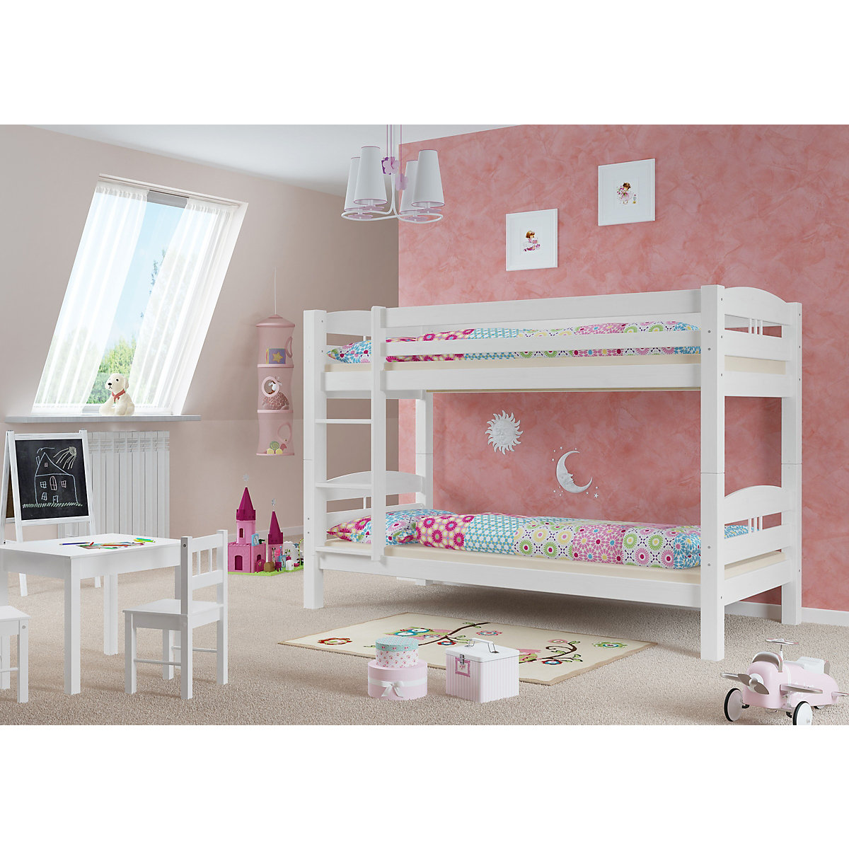 Etagenbett 90x200 Kiefer weiß mit Rollrost und Matratze