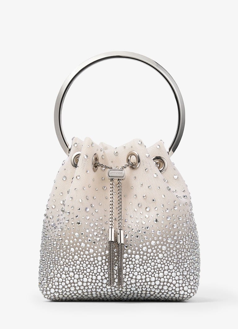 Geantă de plasă Jimmy Choo Bon Bon, decorată cu cristale.
