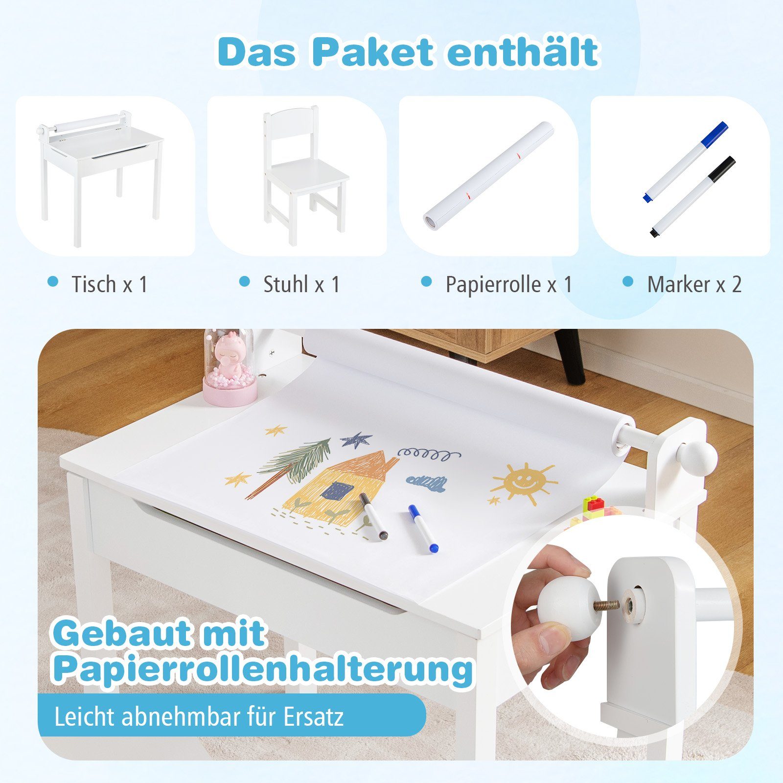 COSTWAY Kinderschreibtisch, mit Papierrollenhalter & Stuhl