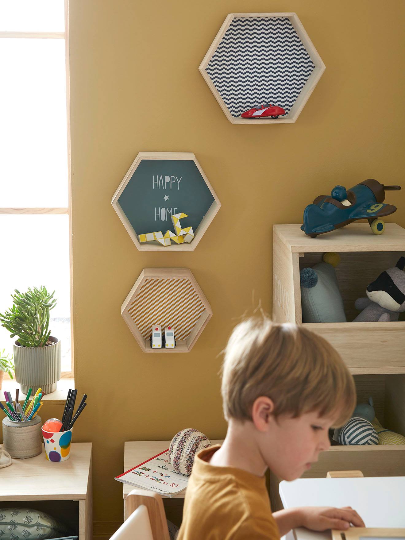 Lot de 3 étagères hexagones enfant bleu fonce imprime