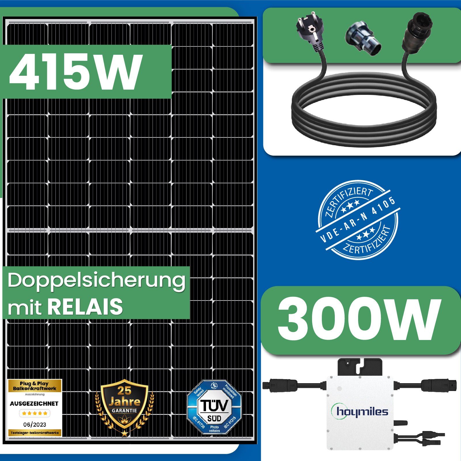 EPP.Solar Solaranlage 415W Black Frame Photovoltaik Balkonkraftwerk Balkon Mini-PV Anlage, Monokristallin, (Komplettset mit Hoymiles 300W Wechselrichter, Wasserdichtigkeitsklasse, genehmigungsfrei Solarpanel Solarmodul, PERC Technologie Steckerfertig