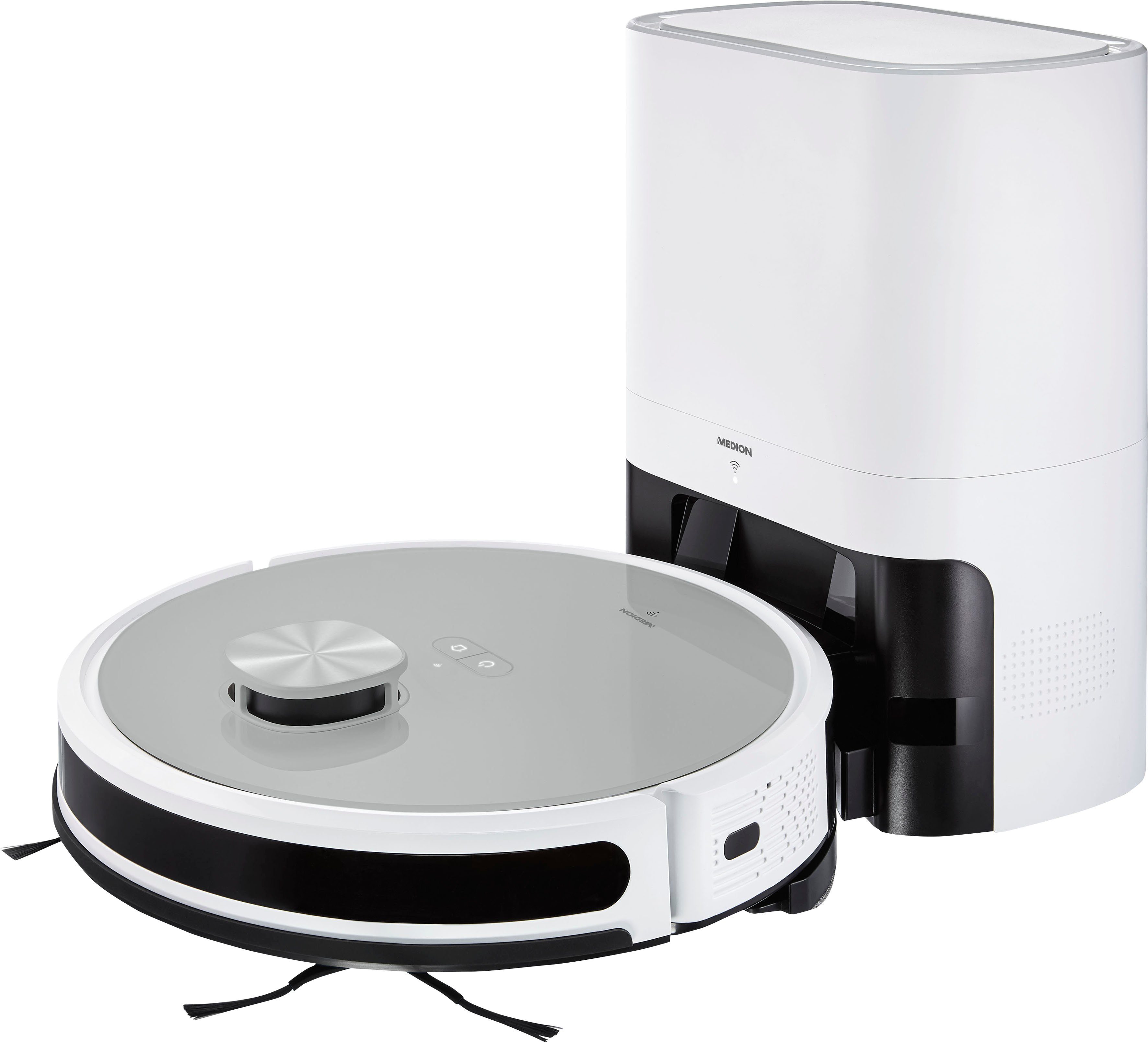 Medion® Nass-Trocken-Saugroboter Saug- und Wischroboter mit Absaugstation (X21 SW), App Steuerung und automatische Entleerung