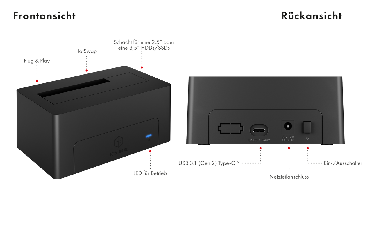 ICY BOX IB-1121-C31, DockingStation für 1x HDD/SSD mit USB 3.1 (Gen 2) Type-CAnschluss