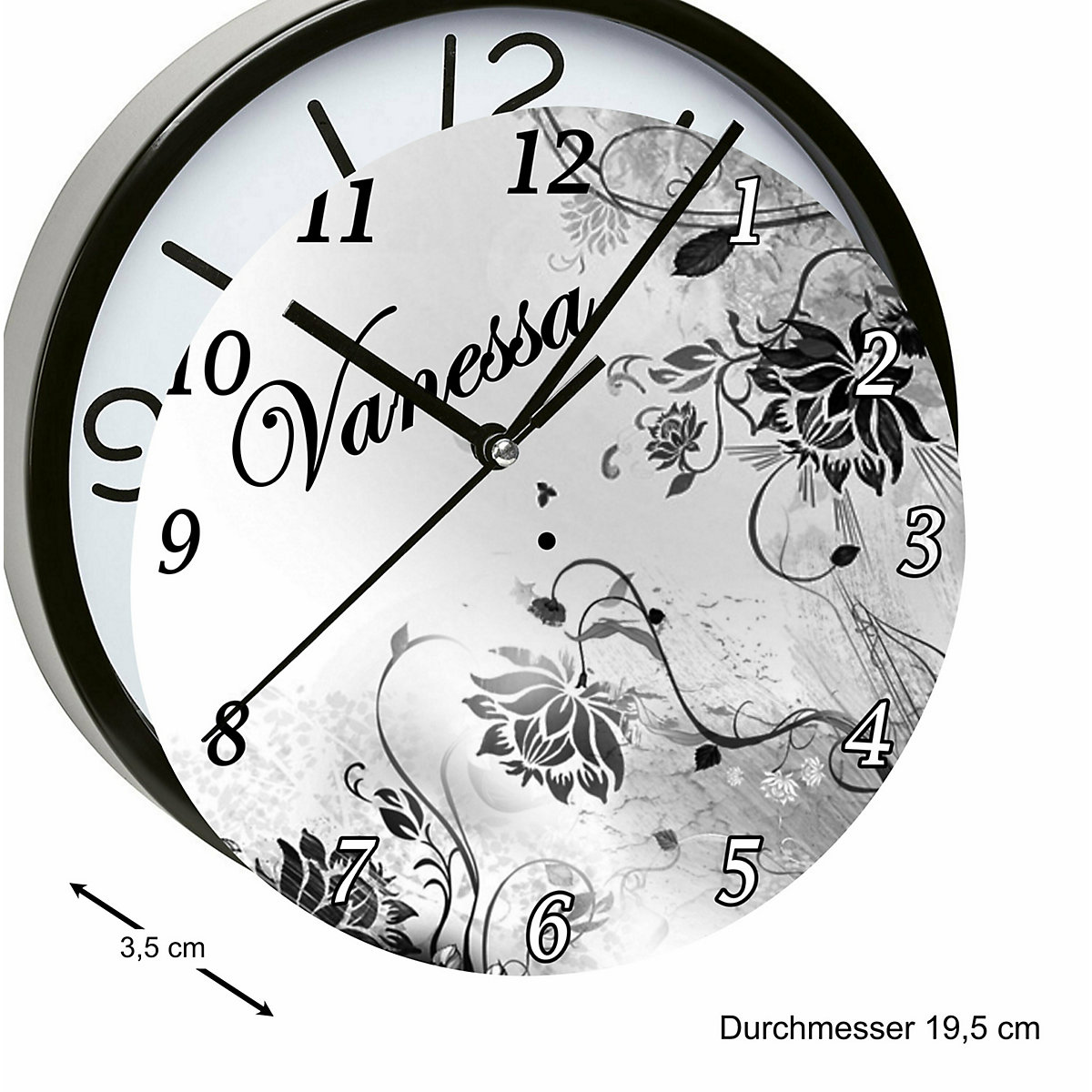 Kinder Wanduhr personalisiert mit Name Blumenranke Schwarz