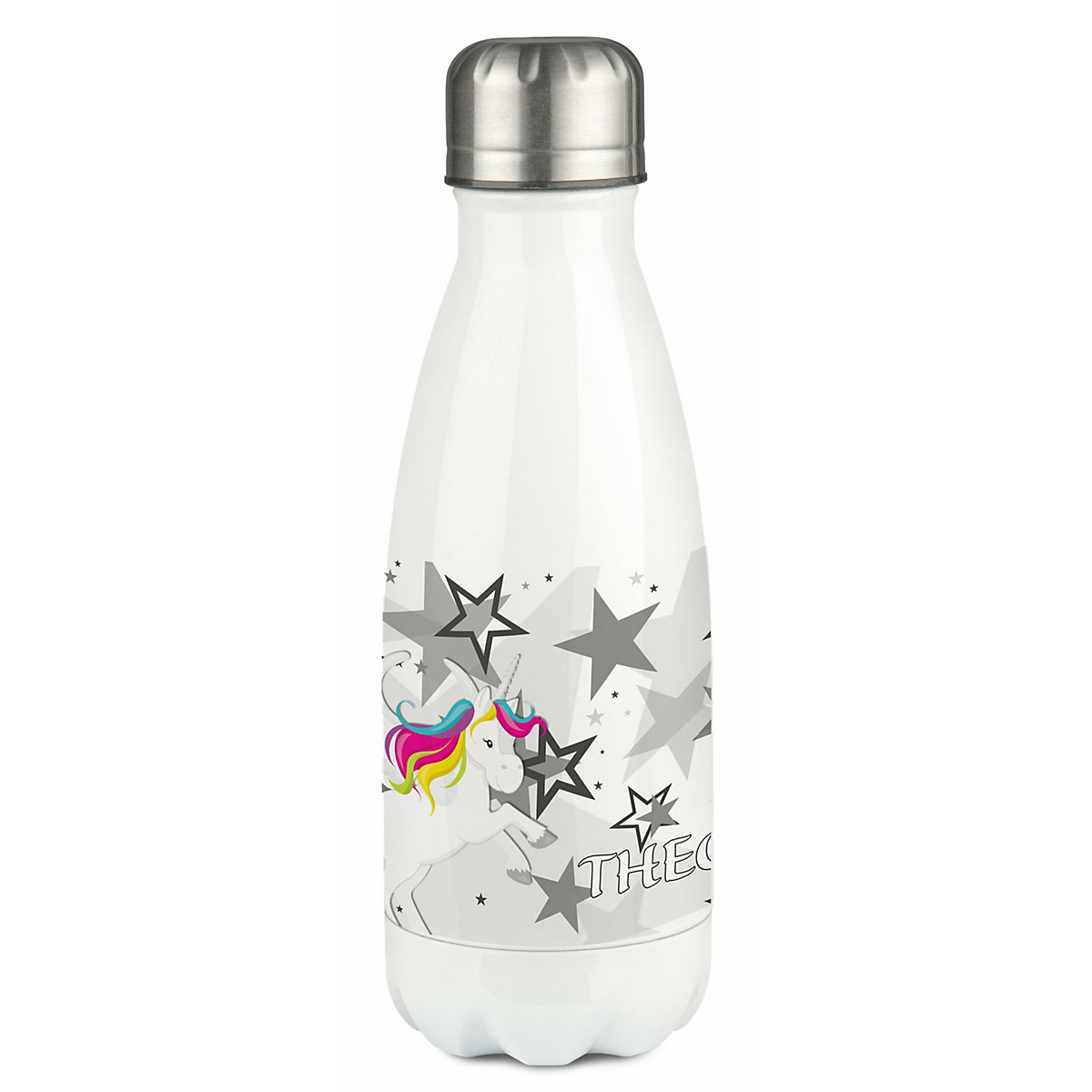 Edelstahl Kinder Thermoflasche / Trinkflasche bunt Pegasus Sterne Farbe grau Spülmaschinenfest, Auslaufsicher, Bruchfest, Doppelwandig, Für Heißgetränke geeignet, Mit Deckel, Isoliert