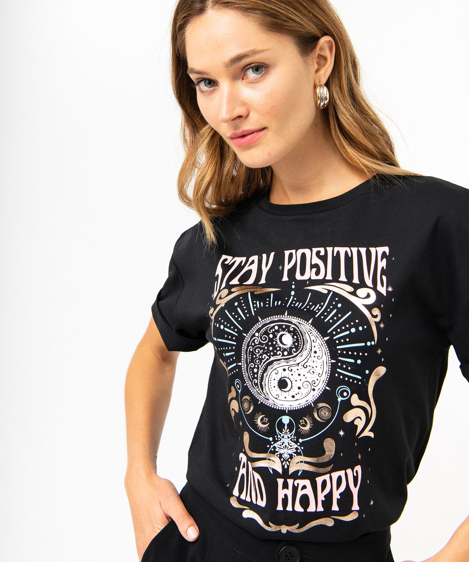 Tee-shirt à manches courtes avec motif Yin et Yang femme noir | GEMO