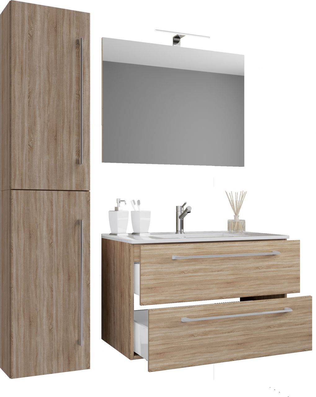VCM 4-tlg. Waschplatz Badinos 80 cm Spiegel   Hochschrank Sonoma-Eiche