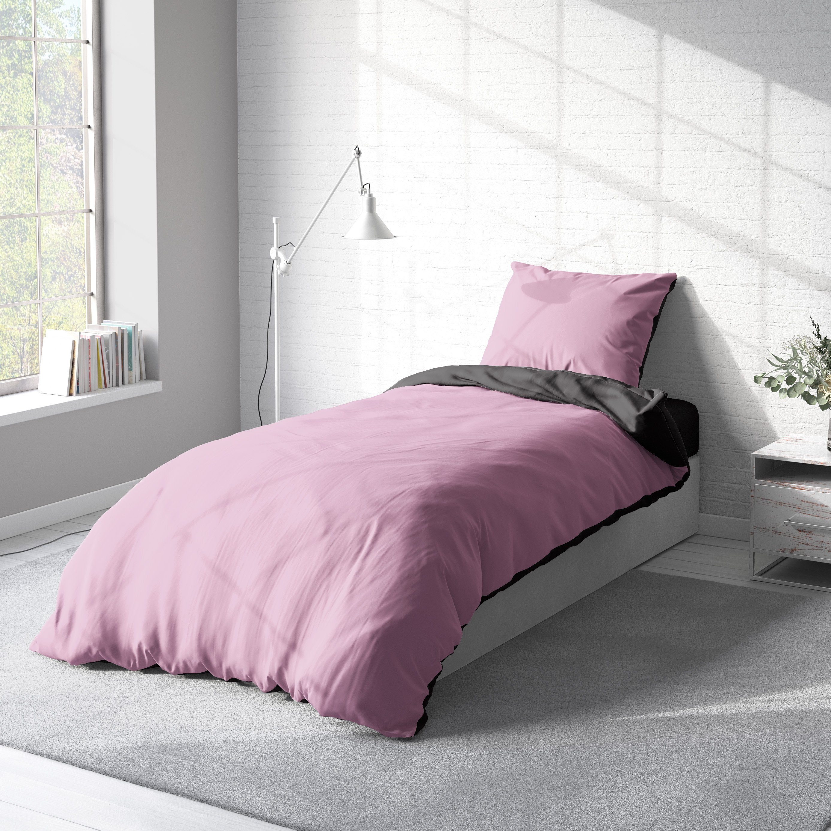Wendebettwäsche Doubleface, One Home, Mikrofaser, 2 teilig, rosa / anthrazit, Normalgröße