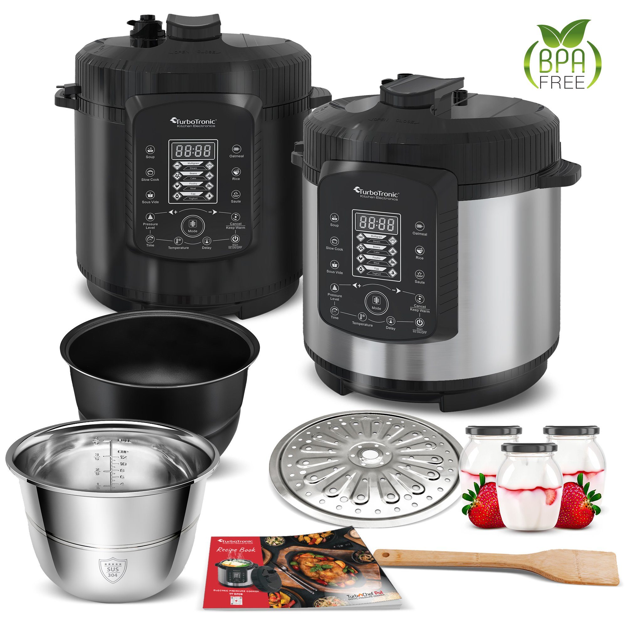 TurboTronic by Z-Line Multikocher 6L mit 2x Topf Edelstahltopf und beschichtet, PLASTIKFREI Silber, 1000 W, Dampfdrucktopf Elektrischer Schnellkochtopf Dampfgarer