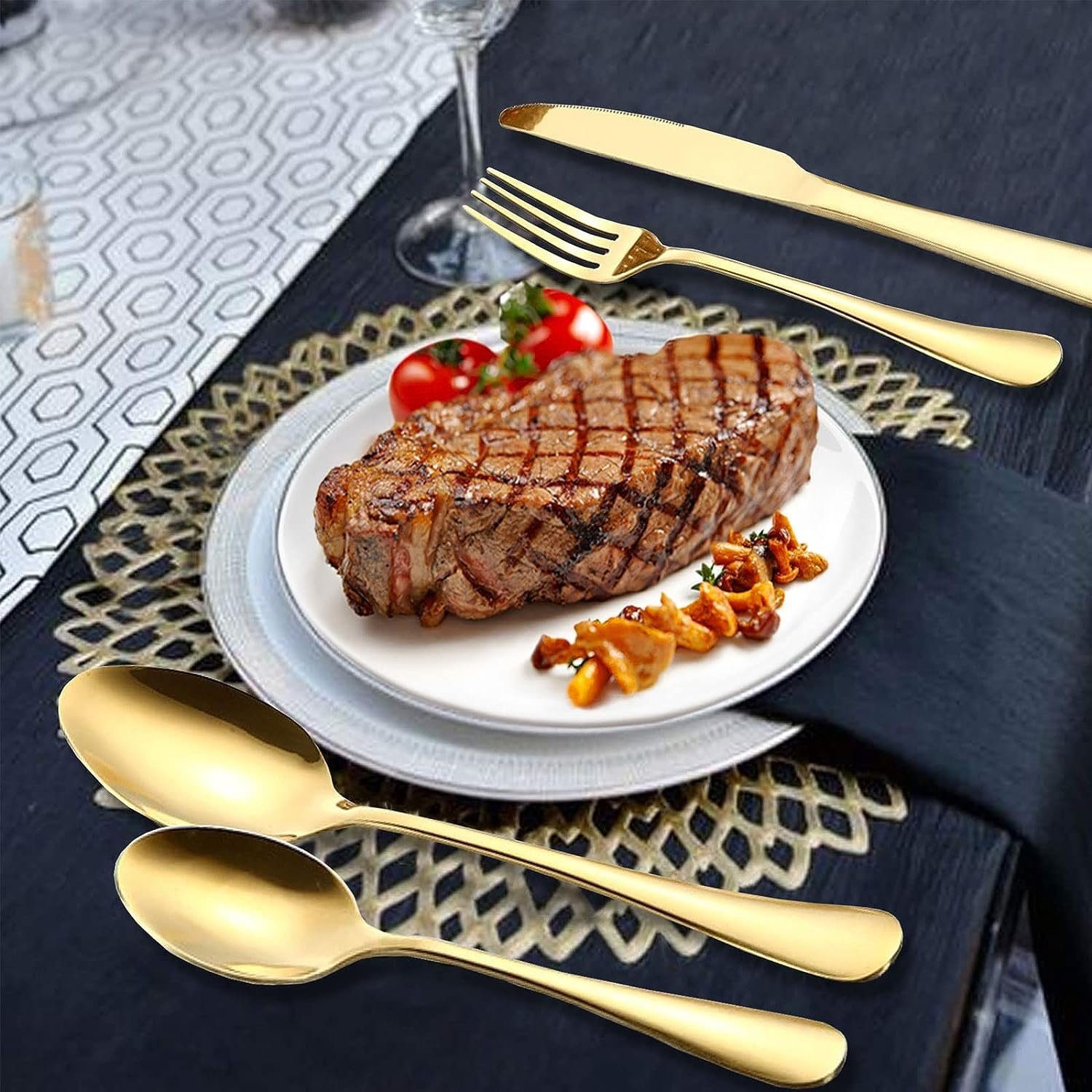 AKKEE Besteck-Set Cutlery Set 24-teiliges Besteckset Set Golden Besteckset, für 6 Personen, Messer und Gabel Set, Tafelbesteck