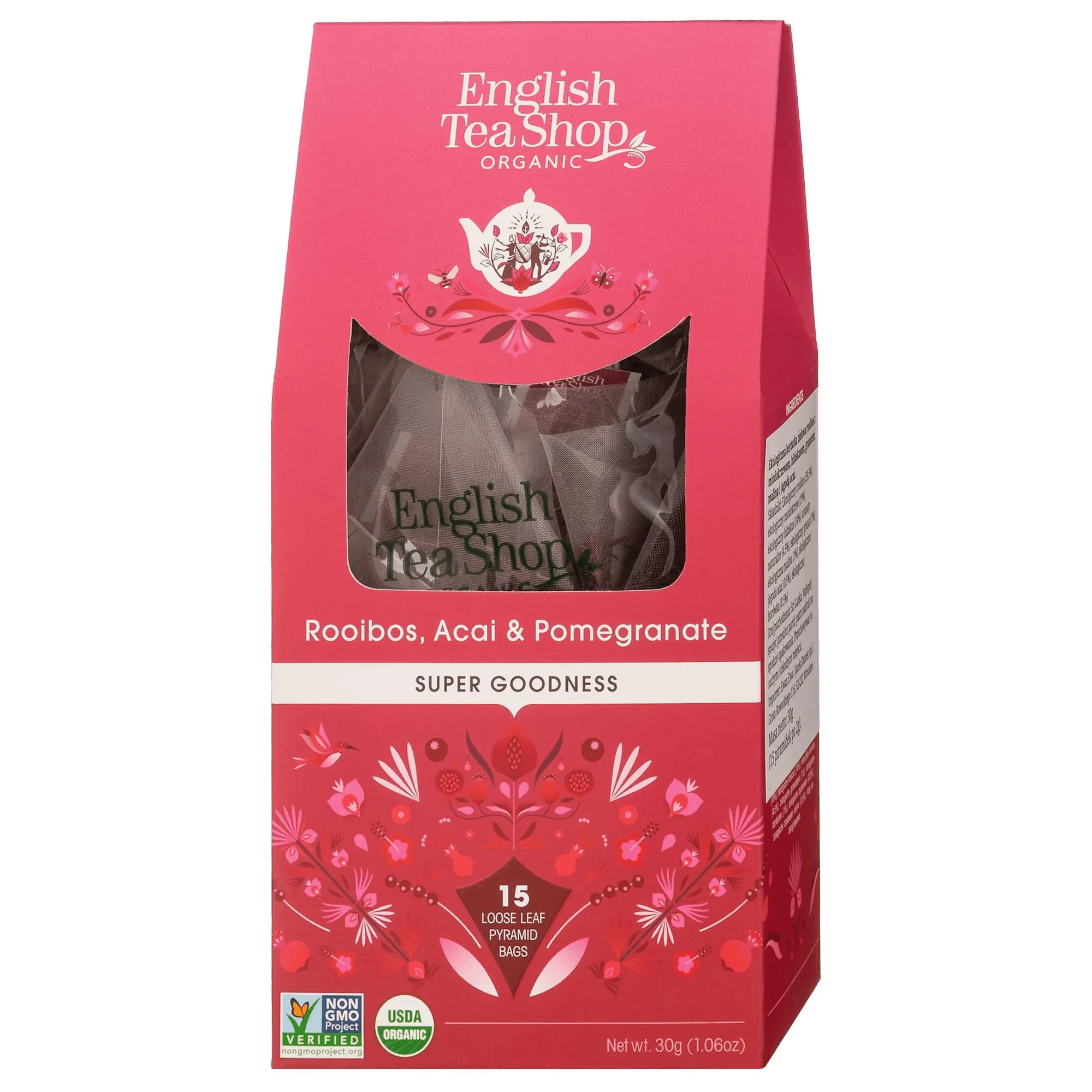„English Tea Shop“ rooibos acai ir granatų lapelių arbata, 15 piramidžių