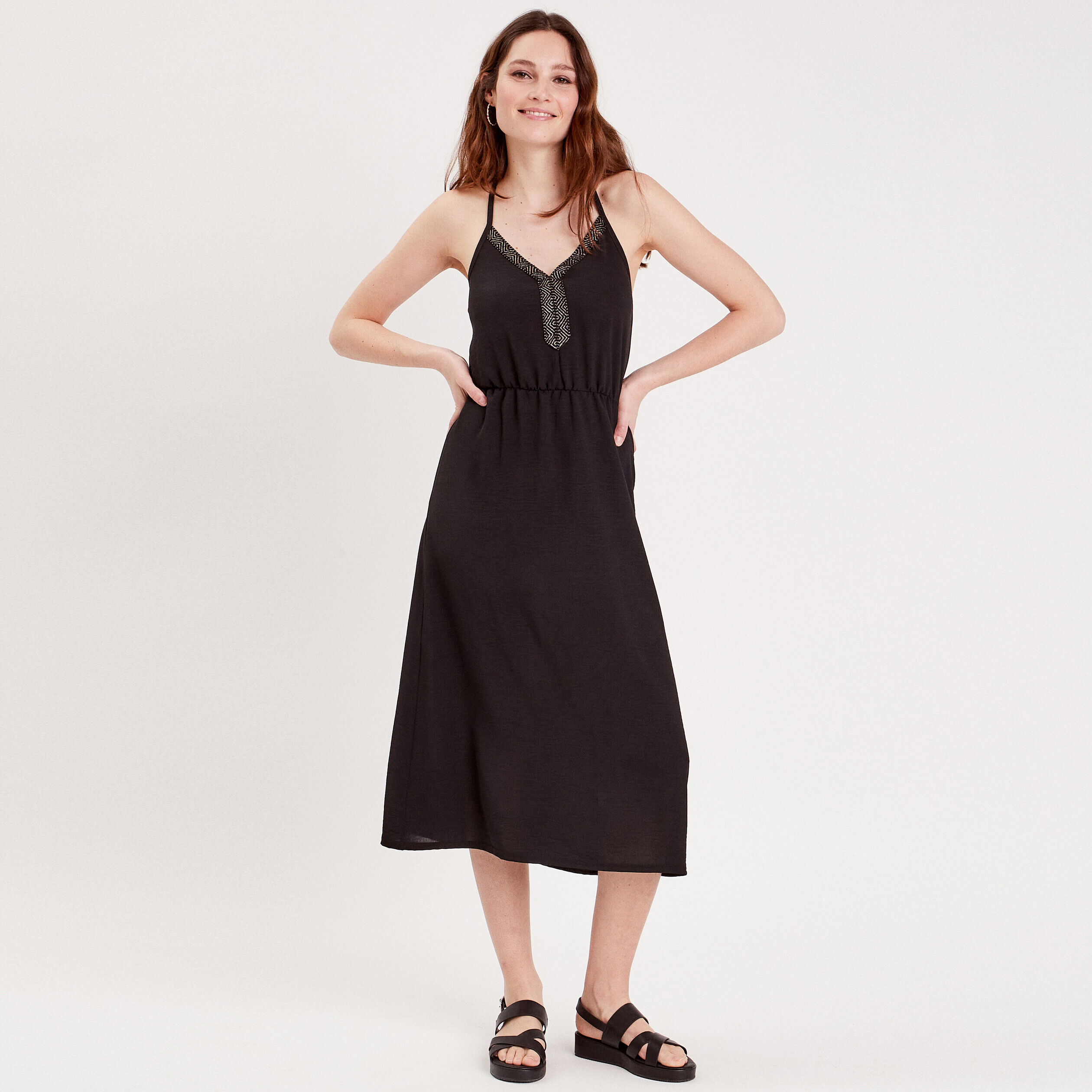 Robe longue évasée noir femme | Cache Cache
