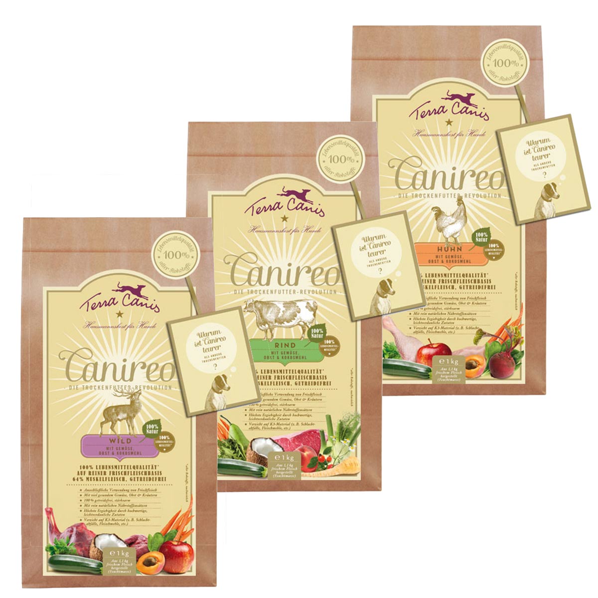Terra Canis Canireo Mixpaket Huhn, Wild & Rind 3x1kg bei ZooRoyal