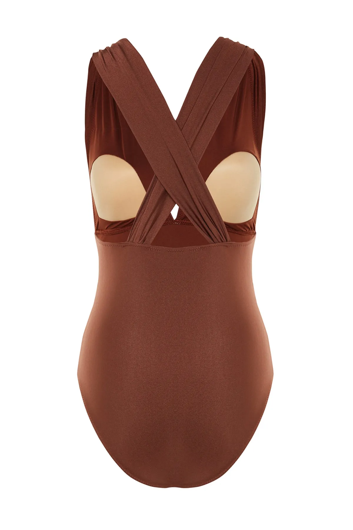 Trendyol Collection  Brauner tief ausgeschnittener, drapierter Badeanzug mit normalem Bein TBESS20MA0294