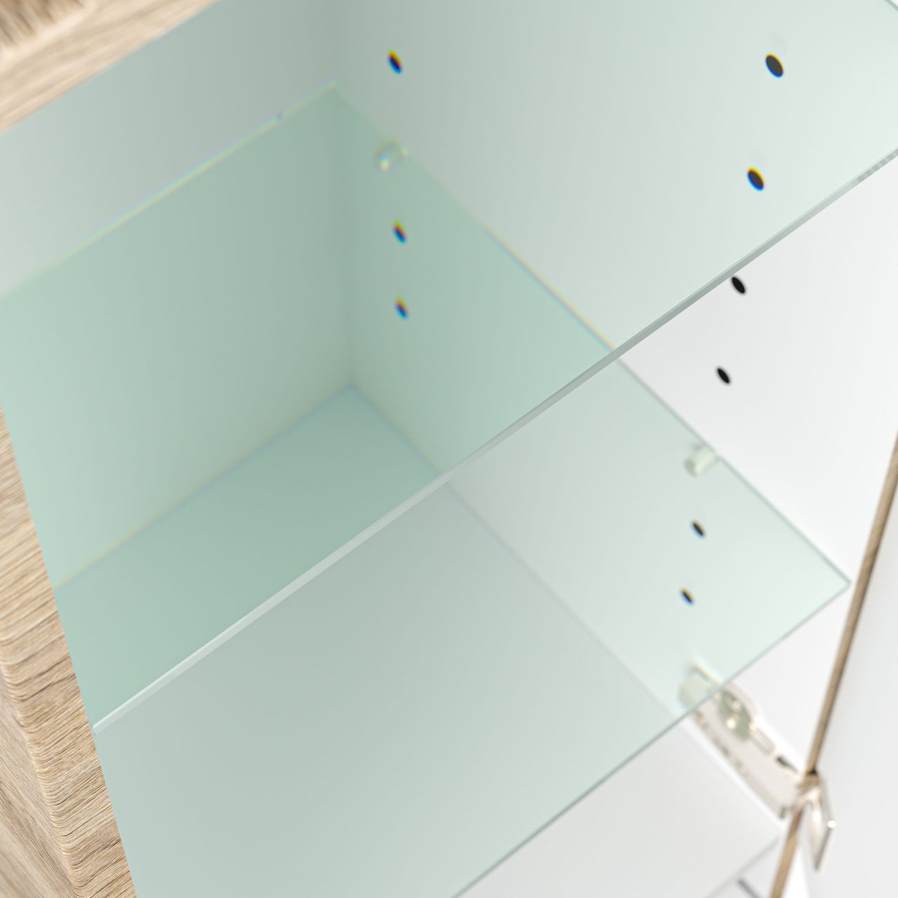 Posseik Hochschrank 120 cm eiche hell seidenglanz mit Glaseinlagen