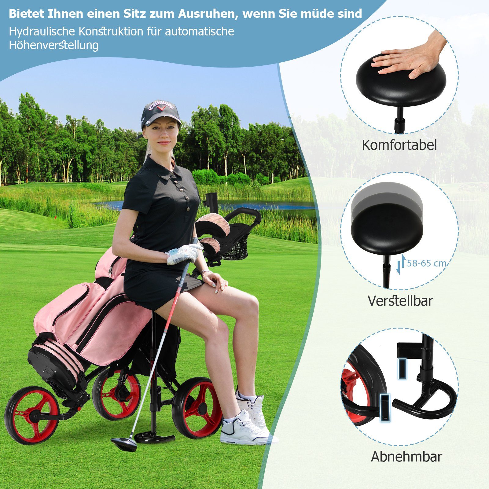 COSTWAY Golftrolley 3-Rad, mit Getränkehalter, Bremse, verstellbar