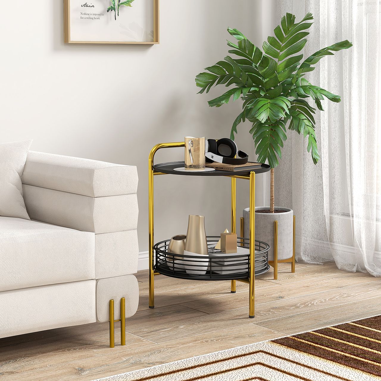 HOMCOM Beistelltisch 2-in-1 Design Rund Nachttisch Couchtisch mit Ablagen Serviertablett Industrie-Design Sofatisch Kaffeetisch für Schlafzimmer Wohnzimmer Stahl Schwarz Gold 43 x 45 x 61,5 cm