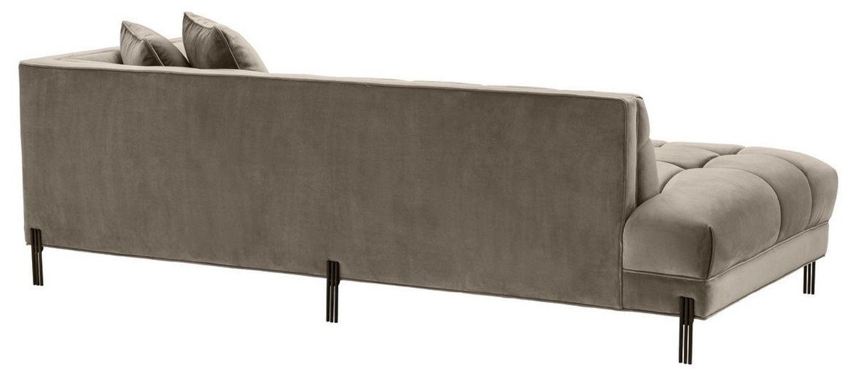 Casa Padrino Loungesofa Luxus Lounge Sofa Greige / Schwarz 223 x 95 x H. 68 cm - Rechtsseitiges Wohnzimmer Sofa mit edlem Samtsoff und 2 Kissen