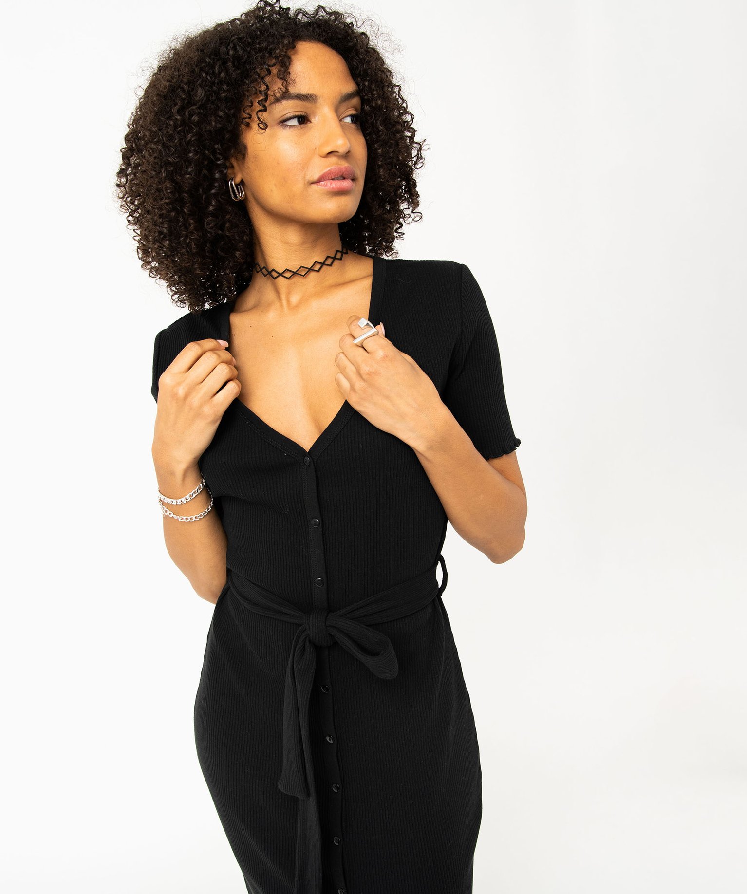 Robe chemise en maille ctelée à manches courtes femme noir | GEMO