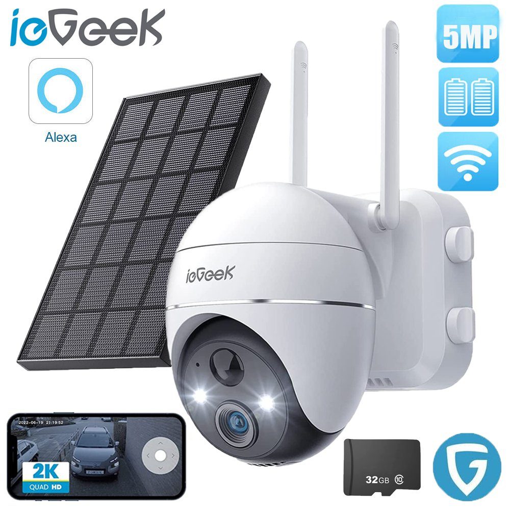 ieGeek 5MP 2K Überwachungskamera Aussen Akku, PTZ WLAN mit 32GB SD Karte Überwachungskamera (Außen, Aussen, Außenbereic, Innenbereich, 2.4GHZ WiFi WLAN mit Solarpanel,4DBi WLAN-Antenne,Alexa Kamera, PIR-Bewegungsmelder, 30M Farbige Nachtsicht, Zwei-W