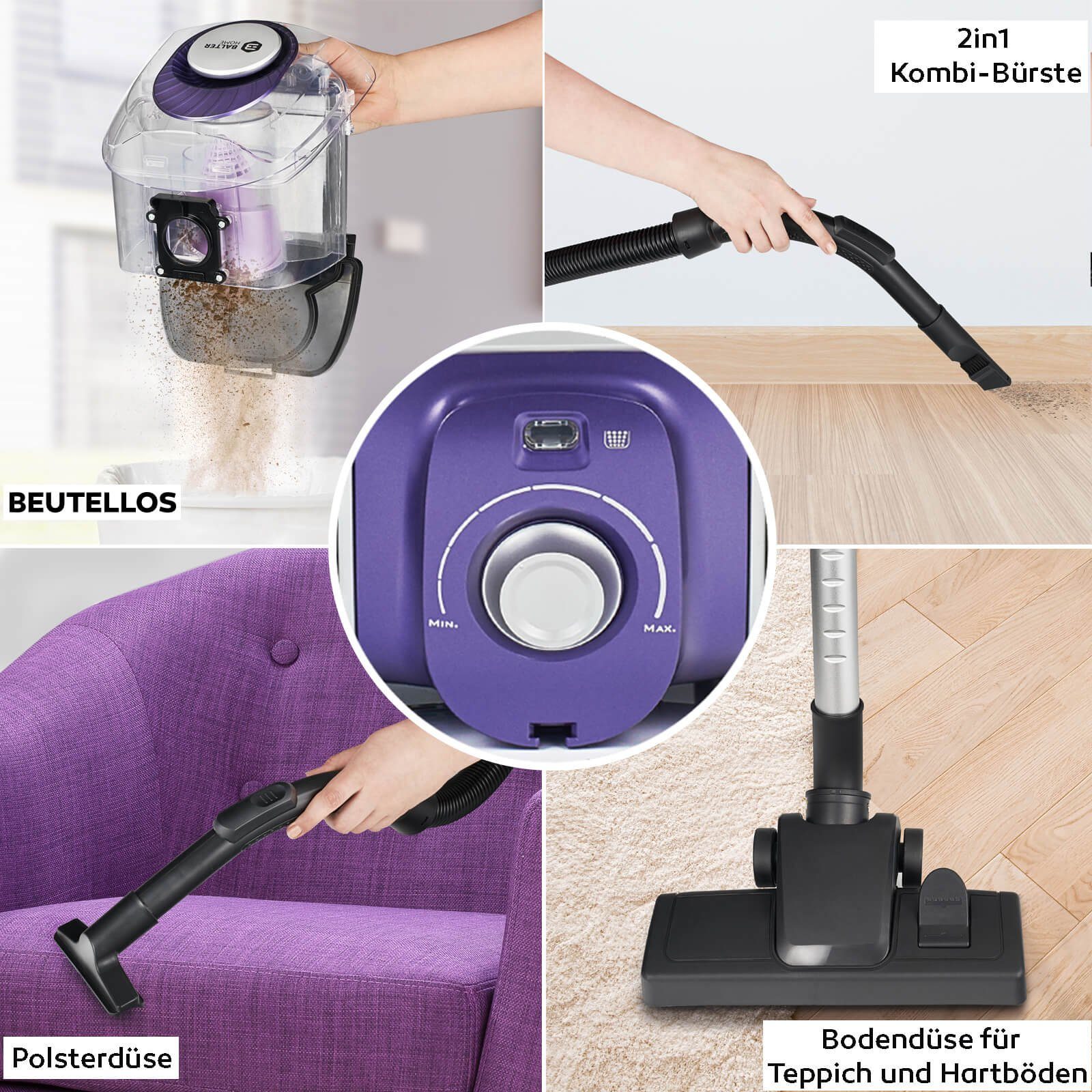 Balter Bodenstaubsauger Orion X3, Staubsauger Beutellos, Zyklon Max 1000W HEPA Lila