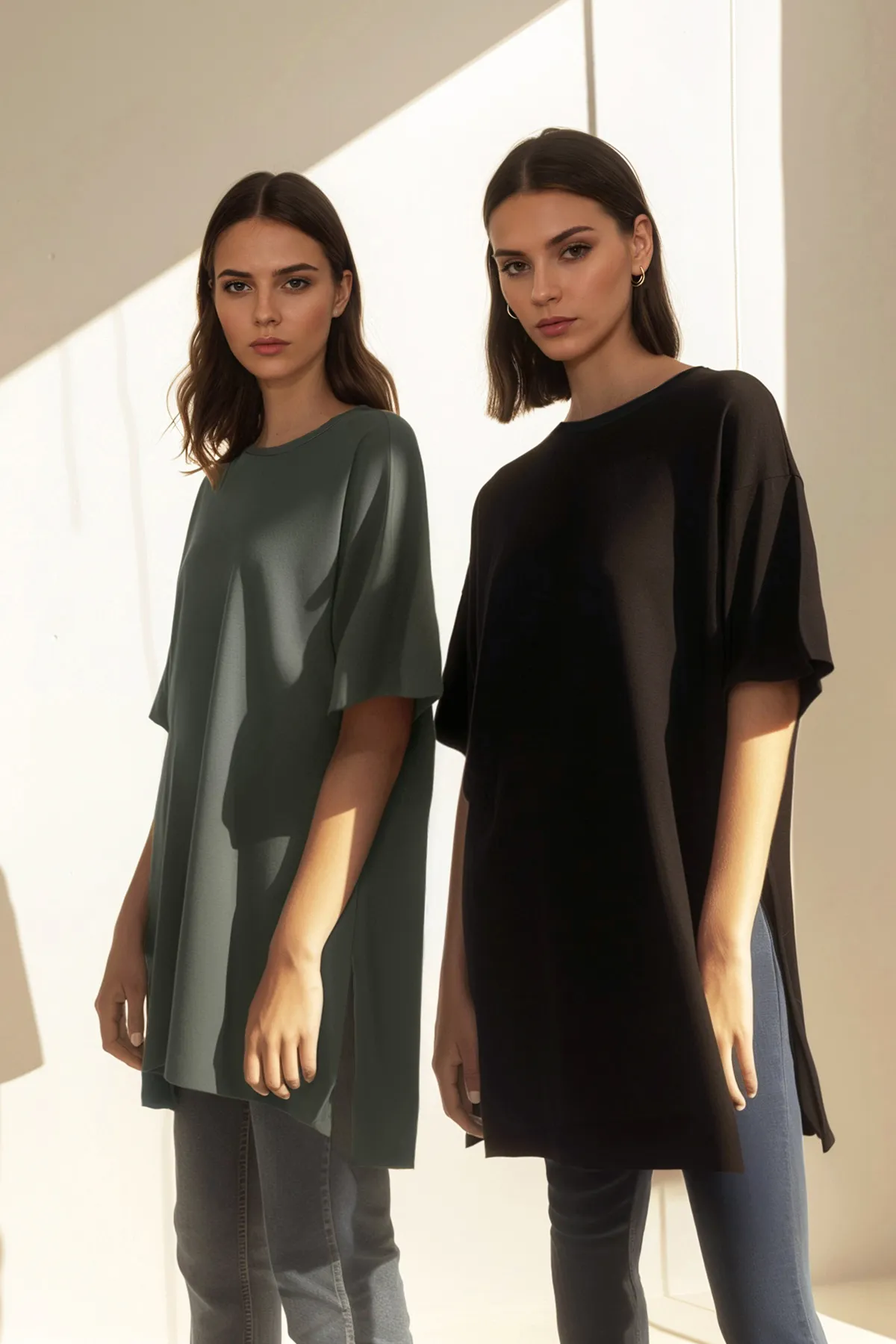 Trendyol Modest  Schwarz-Khakifarbenes 2er-Pack kurzärmliges Basic-Strick-T-Shirt mit Rundhalsausschnitt und Schlitzdetails TCTSS21UK0009