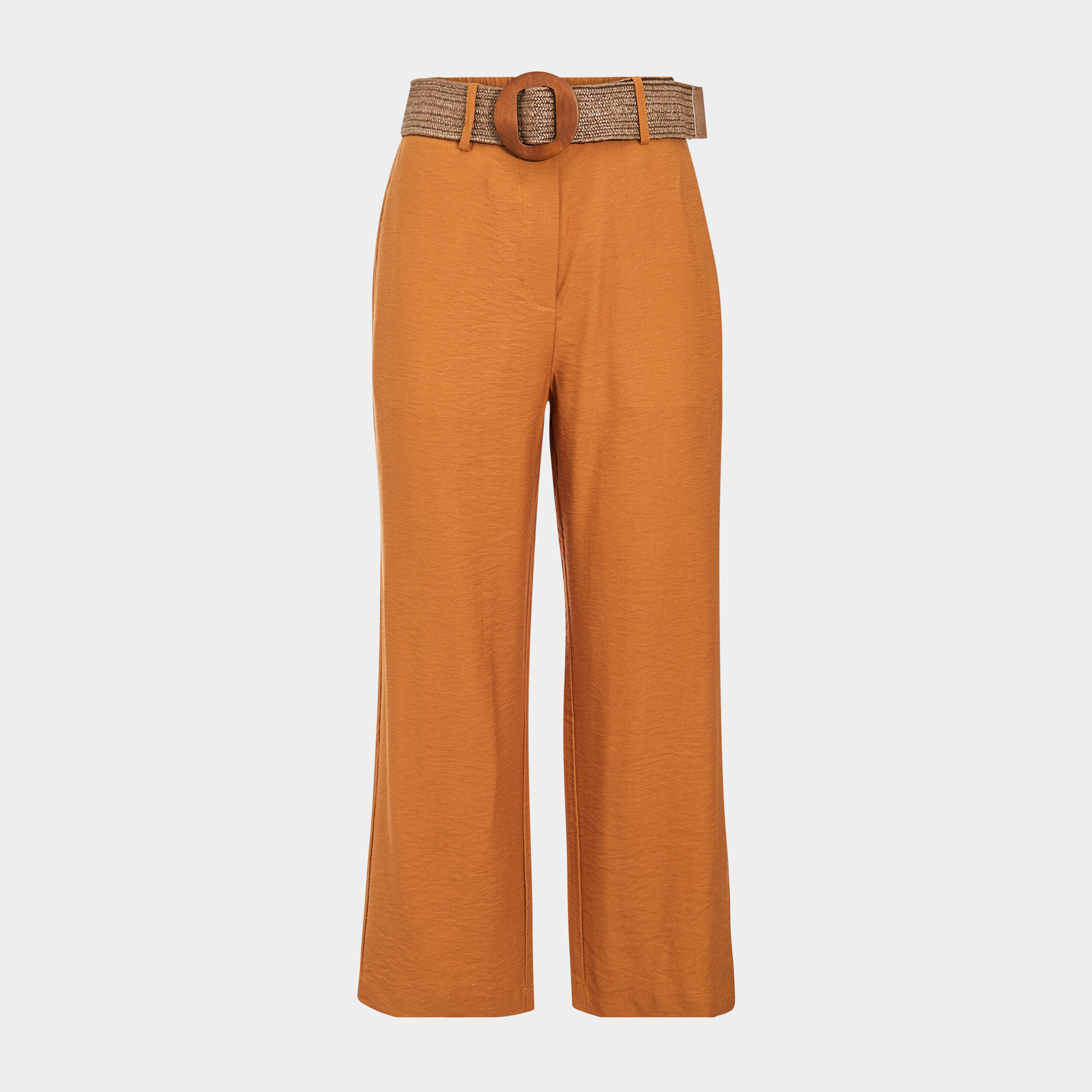 Pantalon large taille haute ceinturé marron cognac femme | La Halle
