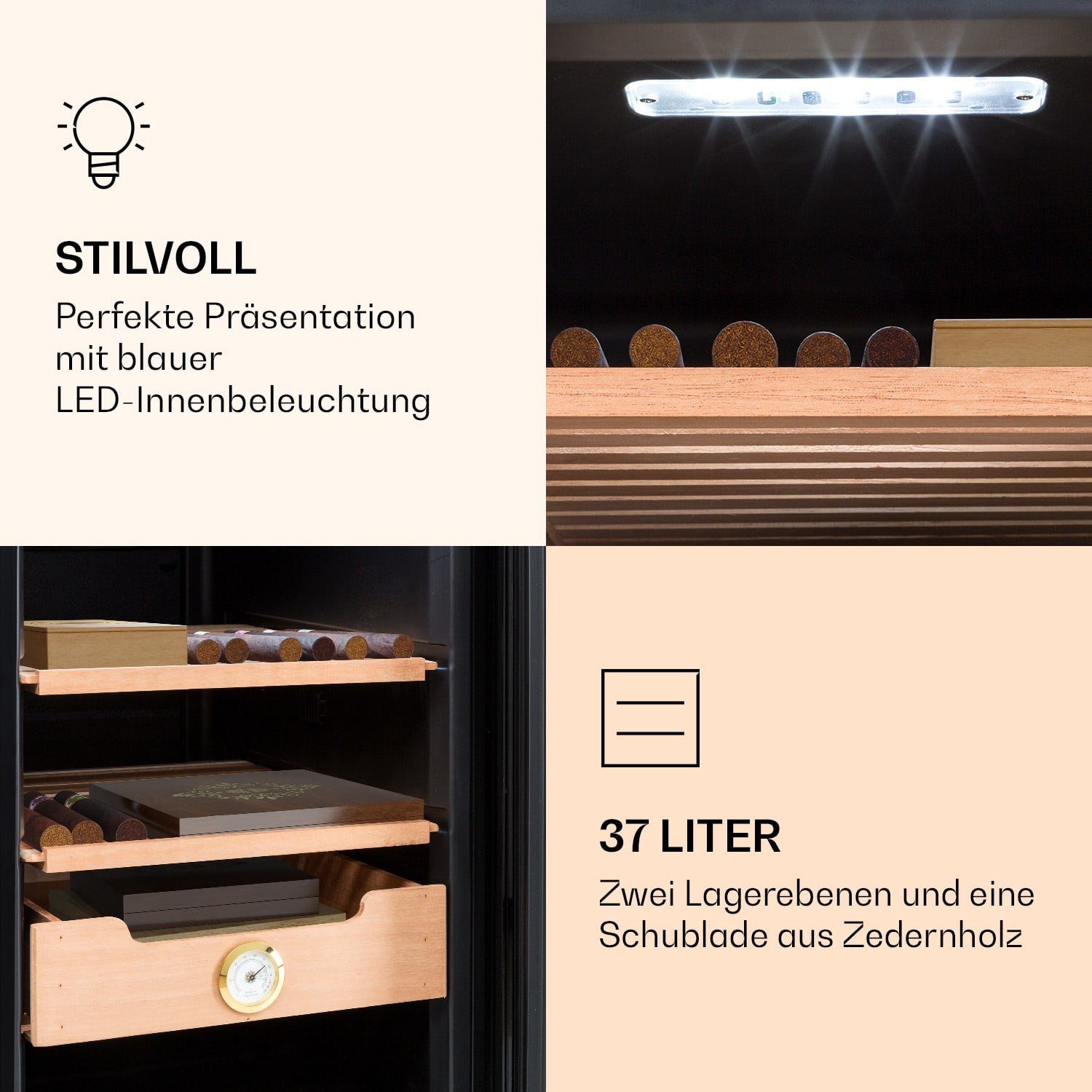 Klarstein Humidor HEA-Presidente40-SS, Humidor Zigarre Humidor Befeuchter elektrisch Humidor Schrank