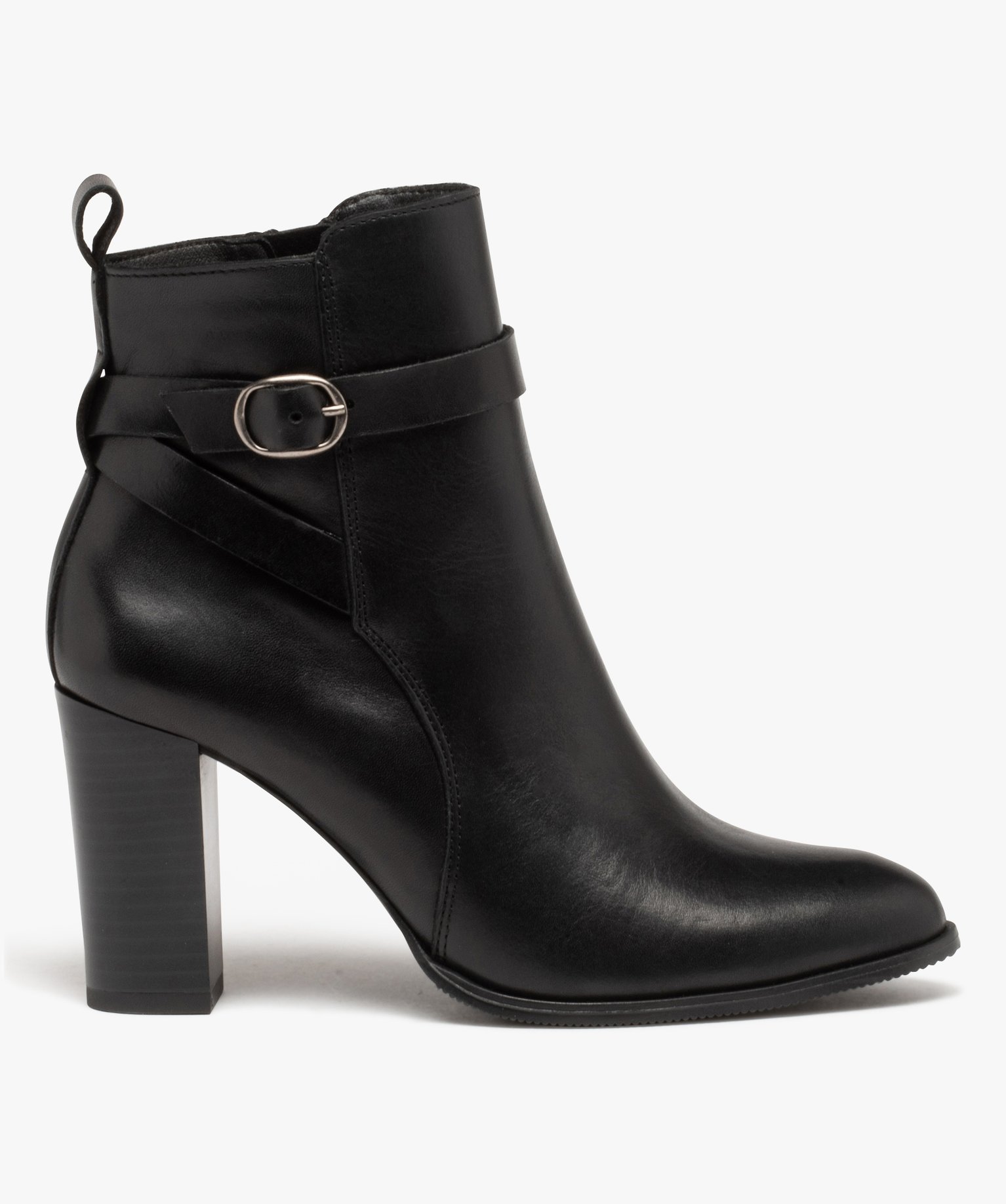 Boots femme en cuir uni à talon haut et brides fantaisie - ... noir | GEMO