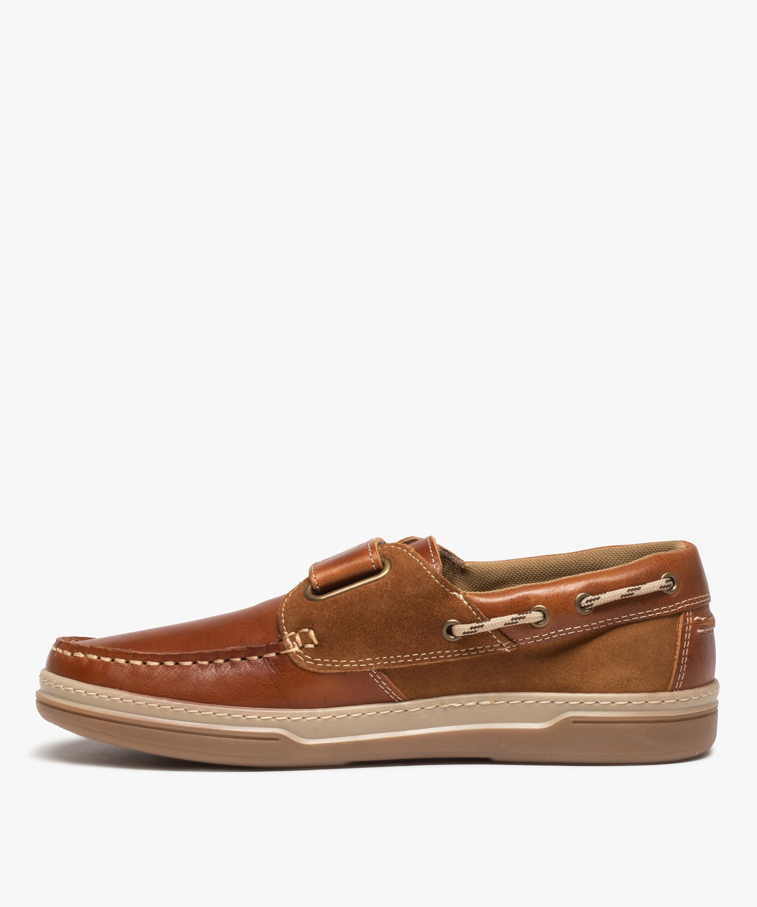 Chaussures bateau homme en cuir fermeture à scratch camel | GEMO