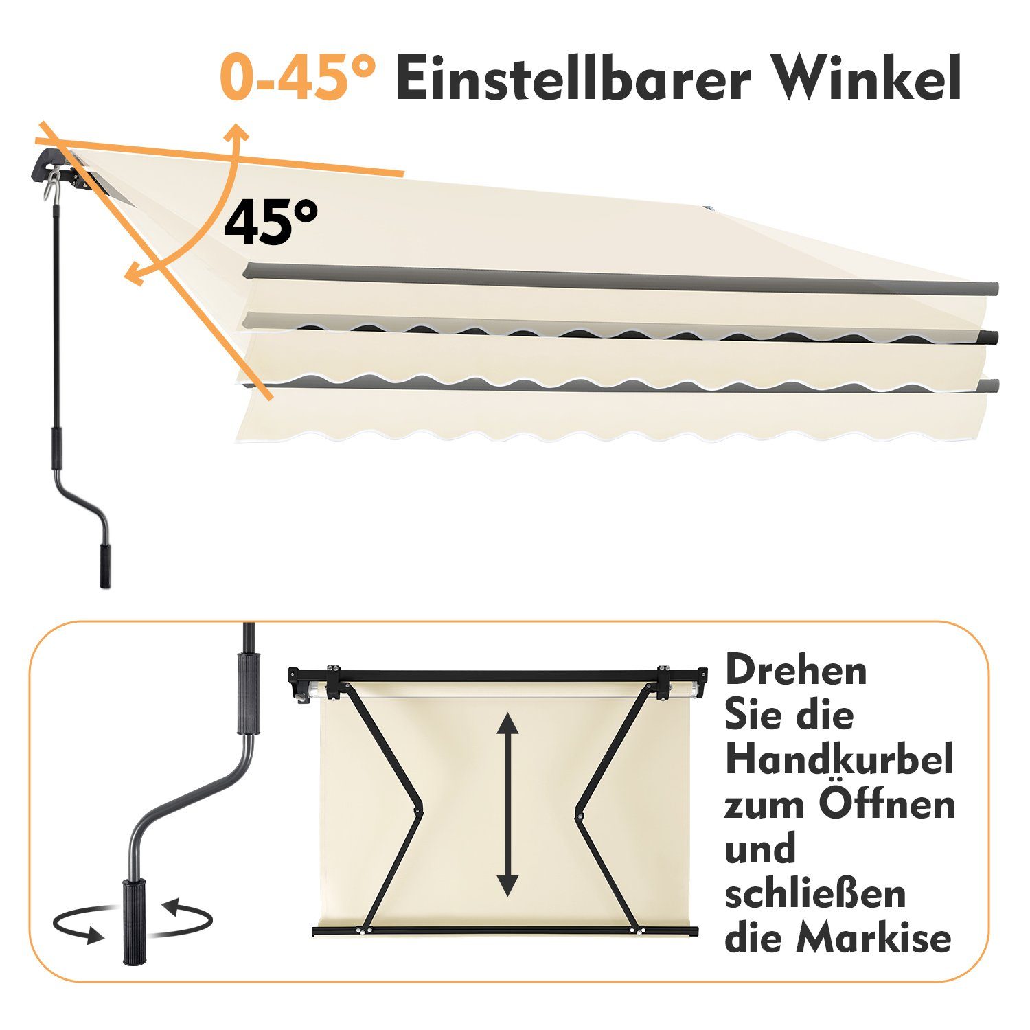 Sekey Gelenkarmmarkise Alu Nicht-elektrisch Markise Anti-UV mit Kurbel, aus Alu & Polyester UV50+, wasserabweisend, einstellbarer Neigungswinkel
