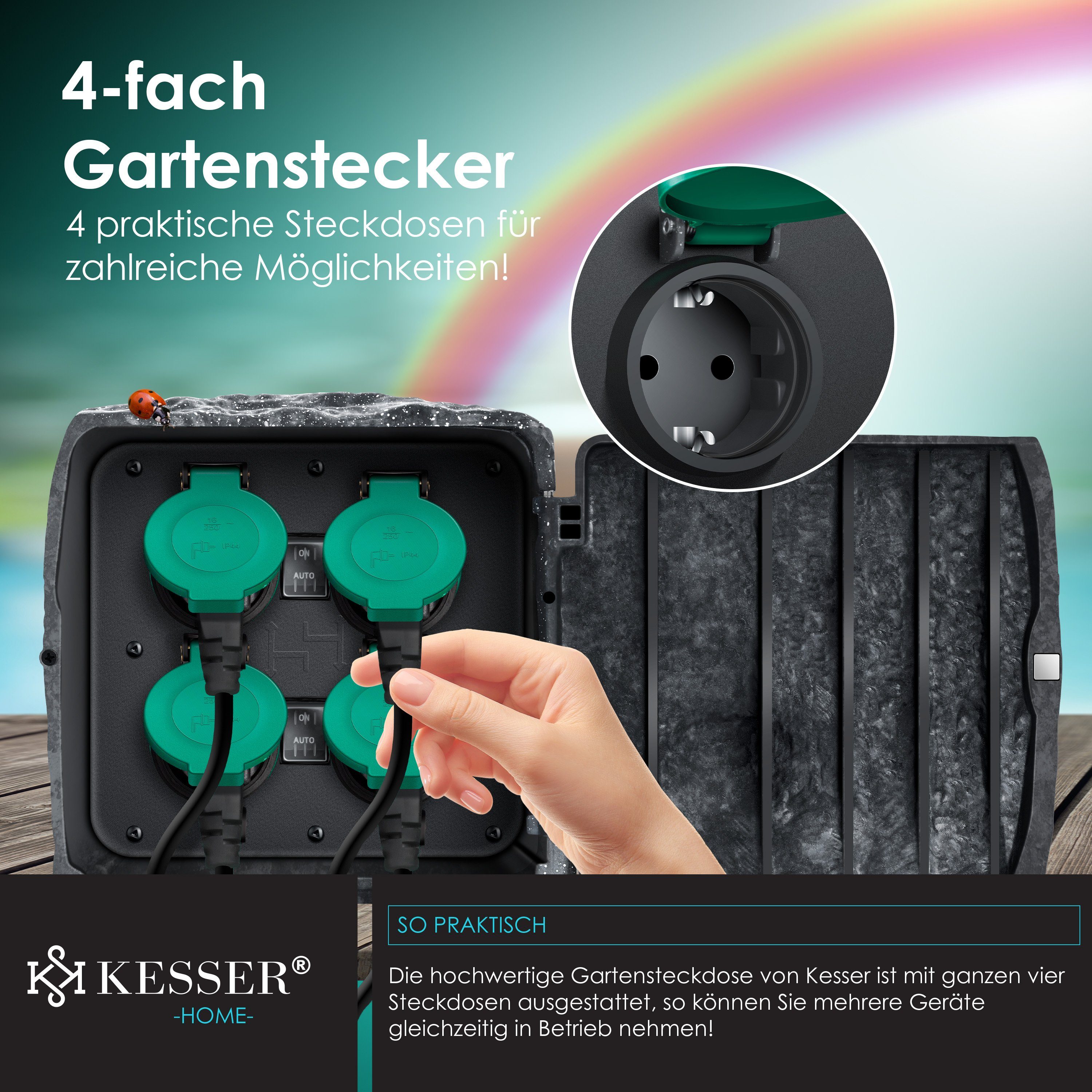KESSER Gartensteckdose, Gartensteckdose Steinoptik mit Steckplätzen Inkl.Erdspieß