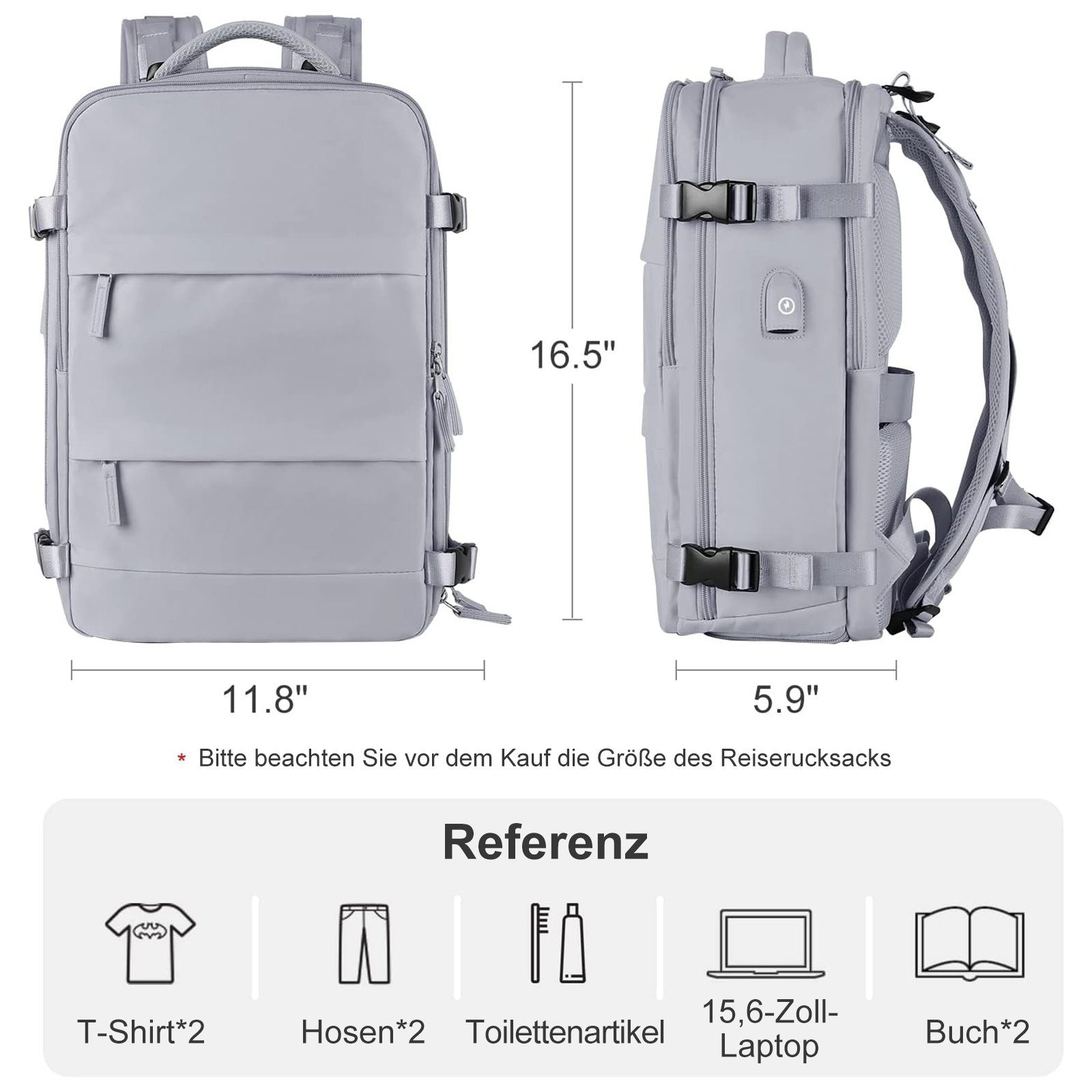 INTEBIKI Reiserucksack Lässiger Rucksack Damen und Herren (Reiserucksack wasserdicht groß mit USB-Lade-Anschluss für 15,6