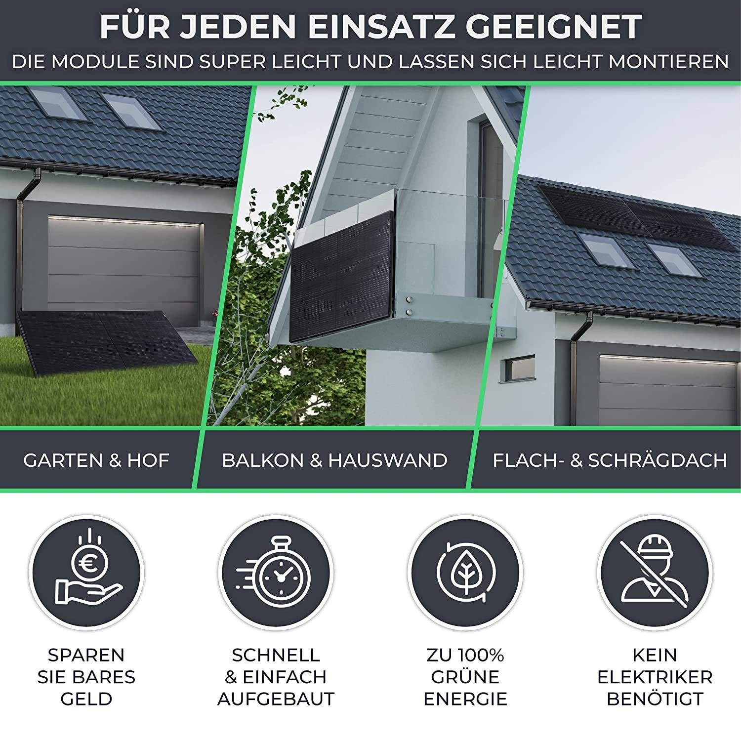 JUNG Solaranlage Balkonkraftwerk 600W Photovoltaikanlage Mini-PV Anlage, 600,00 W, Monokristallin, (Solarpanel, Solaranlage Balkon, Stromerzeuger Solar, Energiestation, KOMPLETT-SET 2 Solarmodule, 1 Mikro-Wechselrichter, 1 Schuko-Kabel 1,2), Photovol