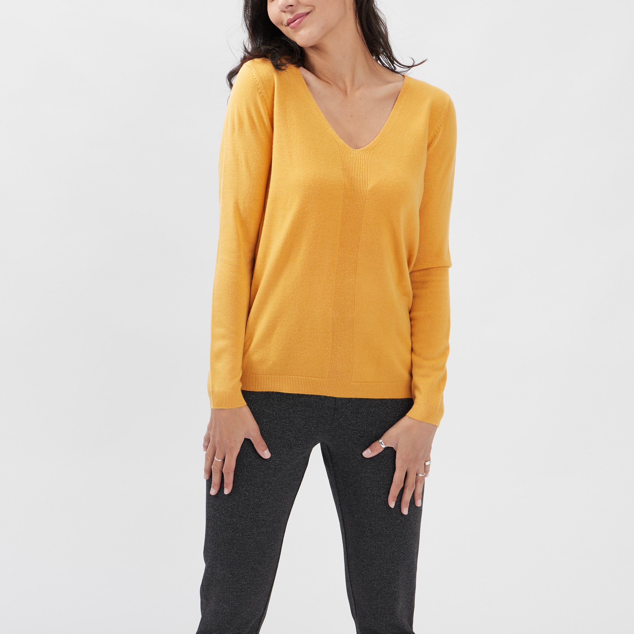 Pull col V manches longues jaune moutarde femme | La Halle