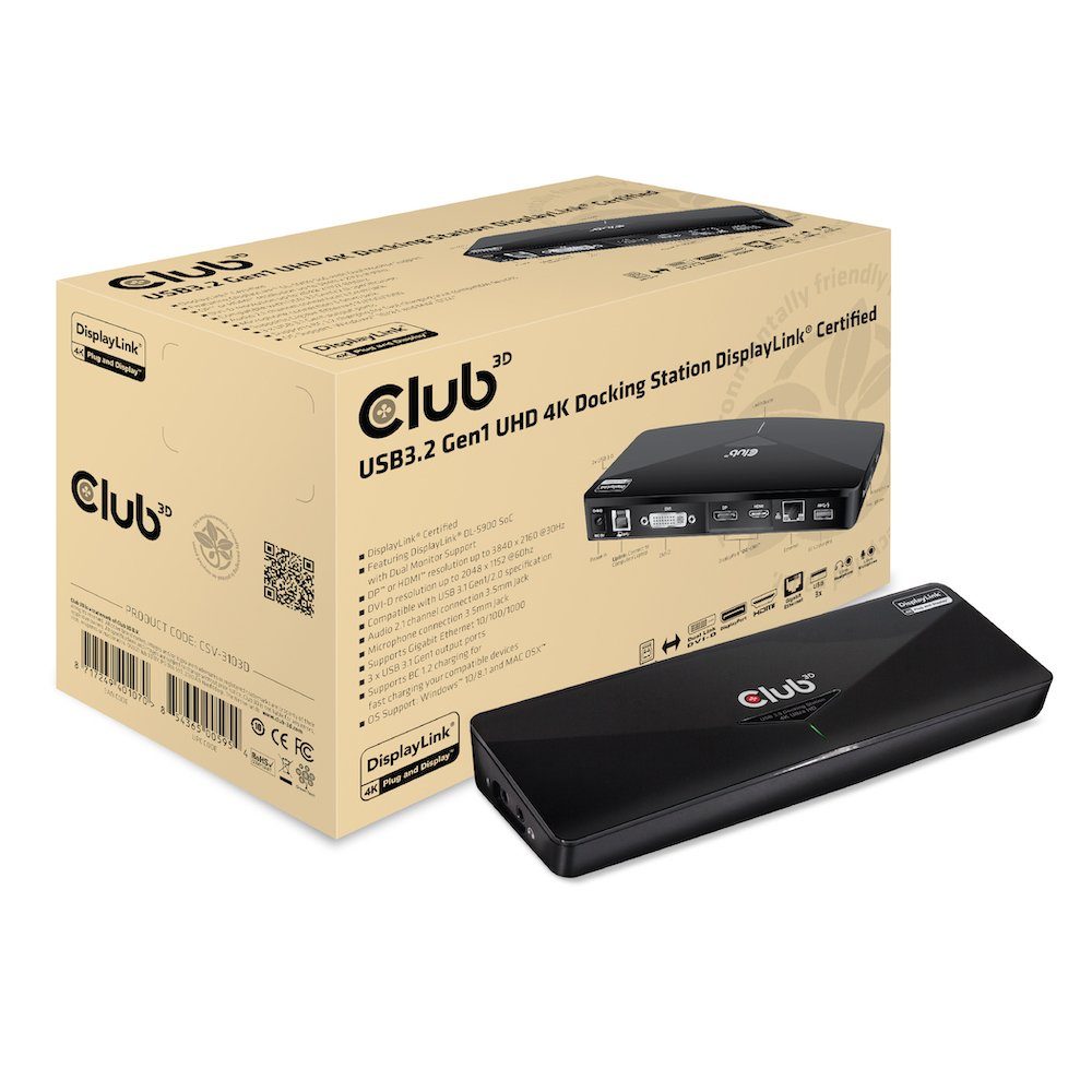 CLUB3D Laptop-Dockingstation Club3D 4K DualDisp. Dock.USB3 ->3xUSB3/HDMI/DP/DVI/ black retail