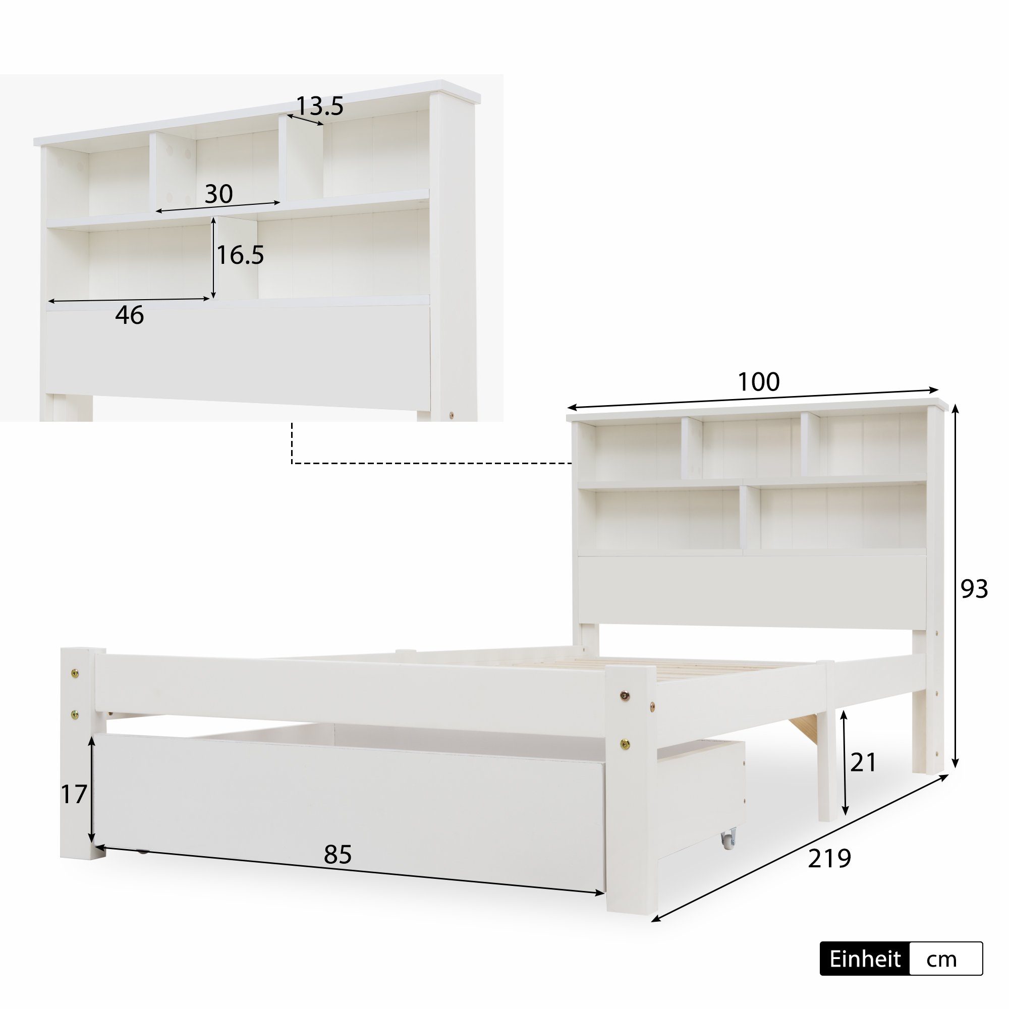 HAUSS SPLOE Holzbett Doppelbett Jugendliche und Erwachsene Kinderbett (Einzelbett oder Doppelbett, mit großer Schublade und Bücherregal Kopfteil), aus Massivholz Kiefer, Weiß, ohne Matratze, 90× 200 cm oder 140× 200 cm