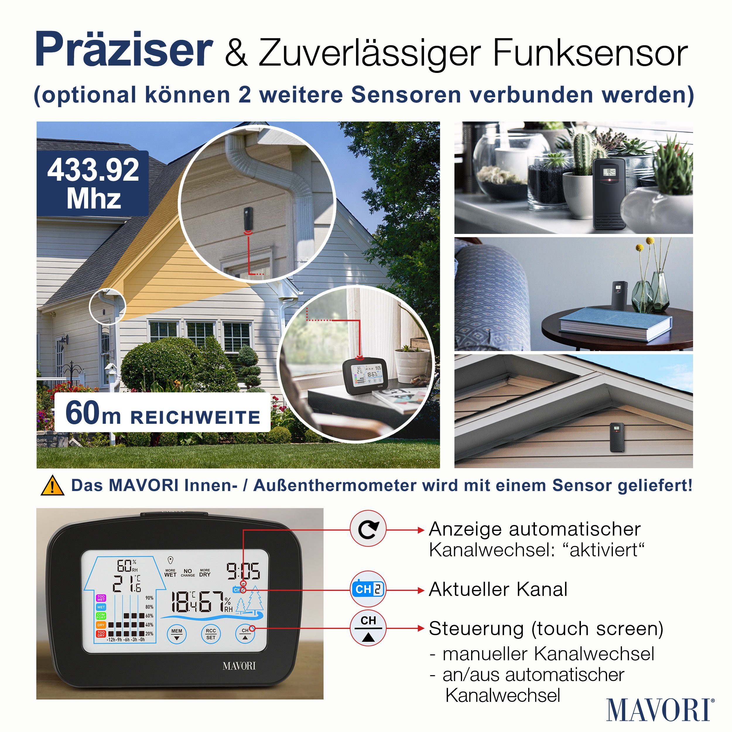 MAVORI Funk Hygro-Thermometer mit Außensensor – präzise und dekorativ Funkwetterstation (Funk Außensensor, Funkuhr)