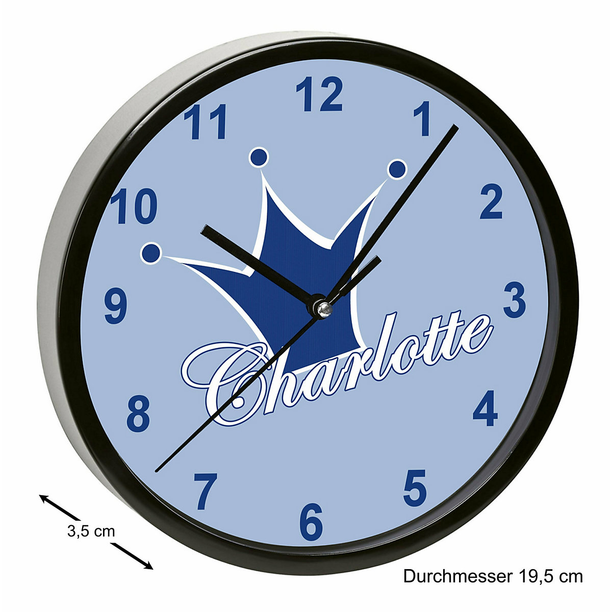 Kinder Wanduhr personalisiert mit Name Krone blau