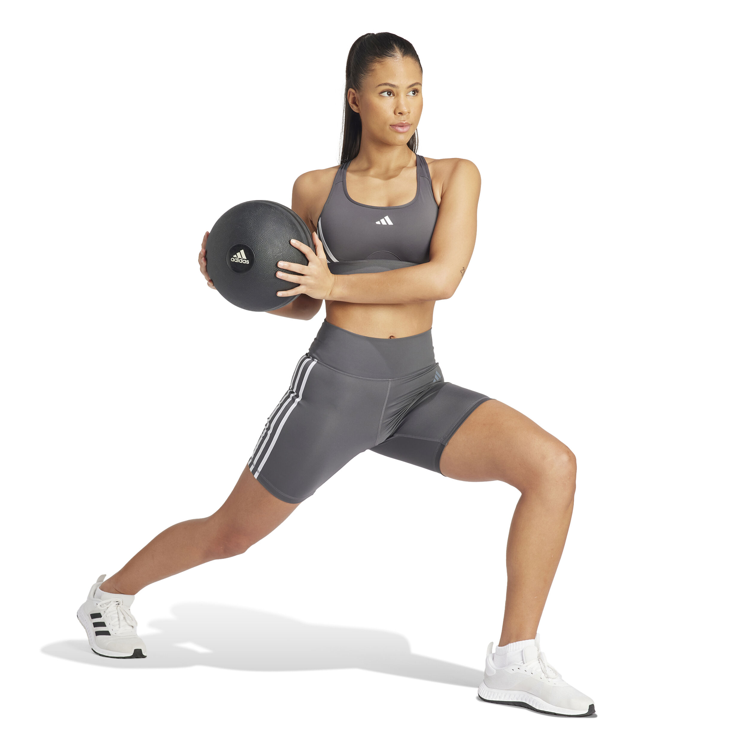 Power Racer Medium 3-Stripes Sport-BH Damen - Grau, Weiß