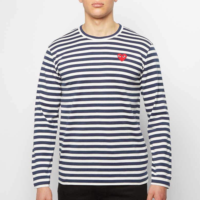 Comme des Garcons Play Play Red Heart Striped Long Sleeve T-Shirt navy/white