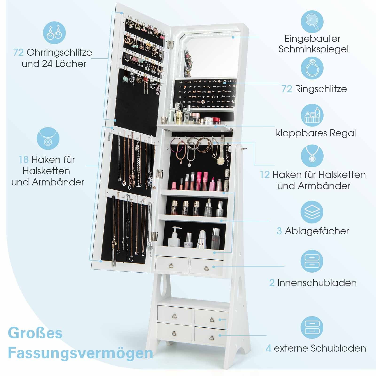 COSTWAY Schmuckschrank stehend, mit Spiegel, LED & Schubladen, weiß, 159cm
