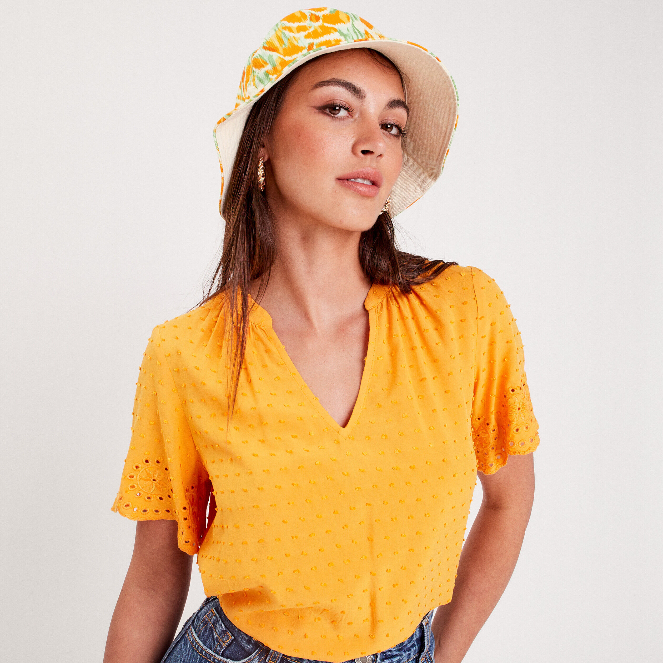 Blouse manches broderie orange clair femme | Cache Cache